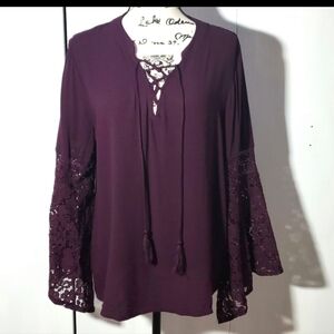 Knox Rose/ Plum Wine Boho Blouse Lace back Tassel Huge Bell sleeve Sz.XL